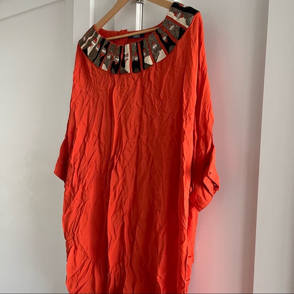 Deep Orange caftan style tunic blouse with intricate heavy collar embellishment - Picture 3 of 13
